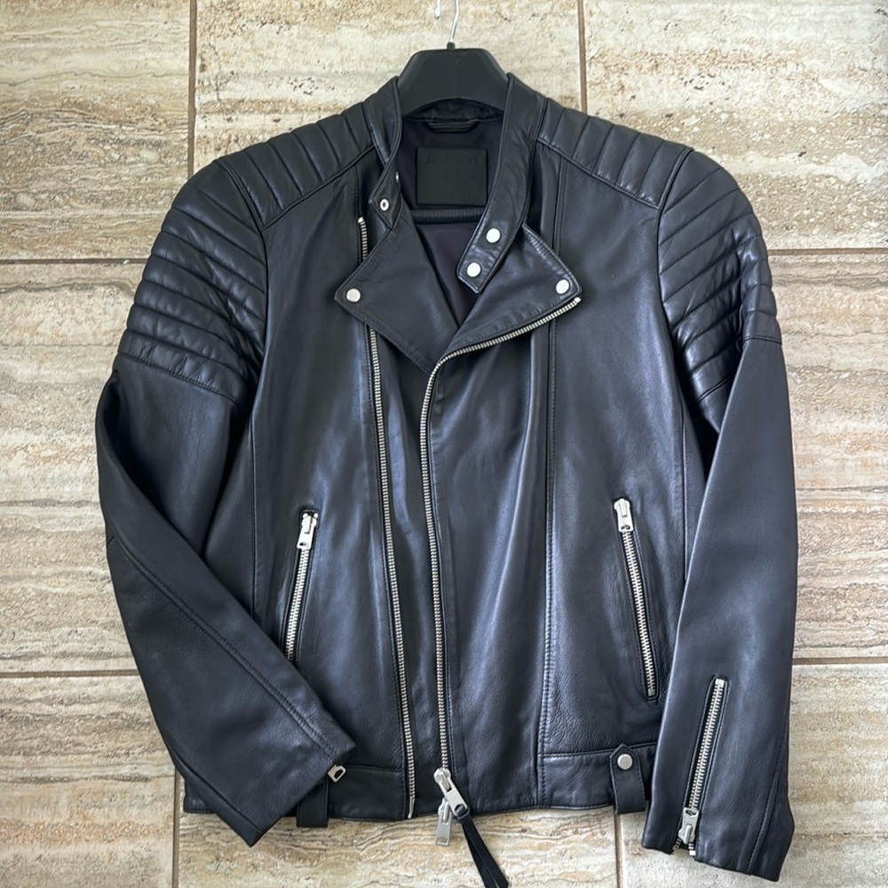 NWOT All Saints Black Leather Jacket with Silver Details